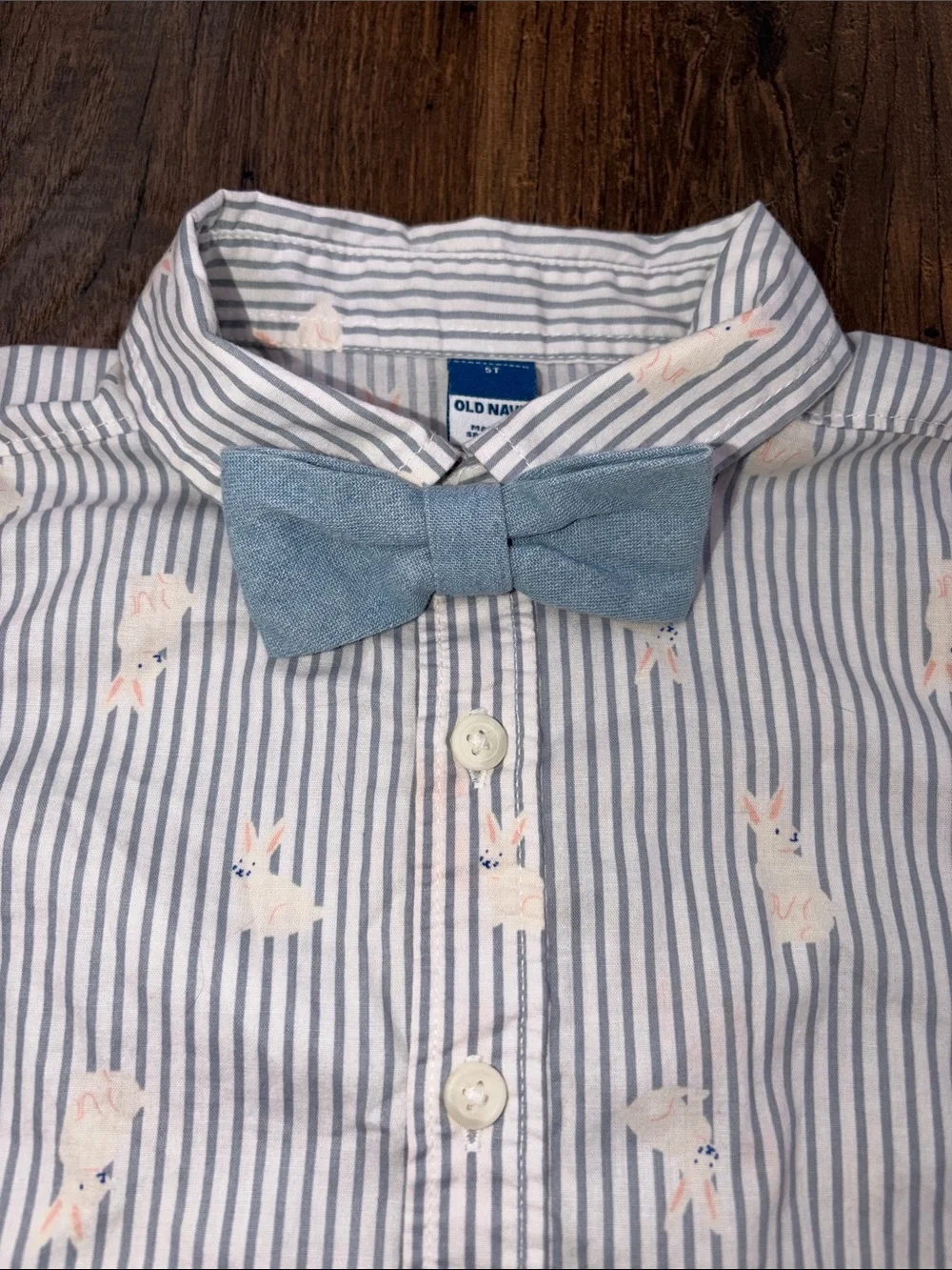 Old Navy Light Blue Striped Button-Down with Bunny Print and Bow Tie